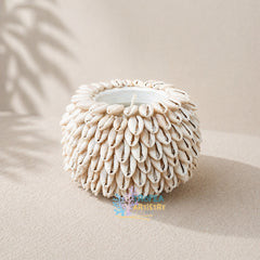 A round white candle holder decorated with numerous small cowrie shells, set on a beige textured surface with soft palm leaf shadows.