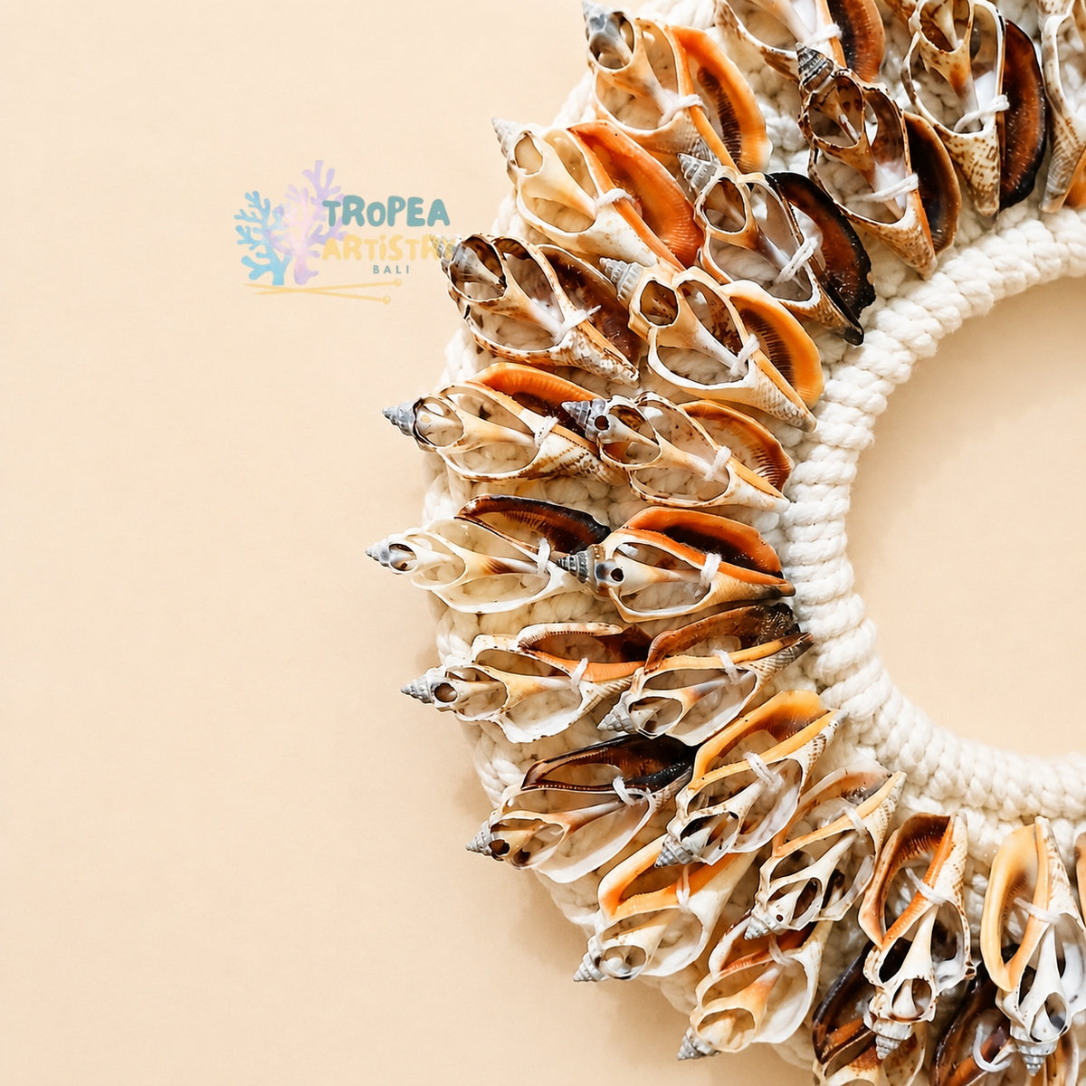 A circular wall hanging made of many natural shell pieces arranged around a thick white rope frame, photographed on a warm beige background. A Tropea Artistry Bali watermark appears in the upper left.