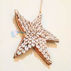 A starfish-shaped decorative hanging ornament made from small white cowrie shells and braided natural fiber, shown against a plain light background with a visible shadow.